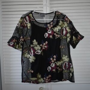 Brand New Blouse Ruff Hewn Sheer Embroidered Floral Short Sleeve Medium Fairy